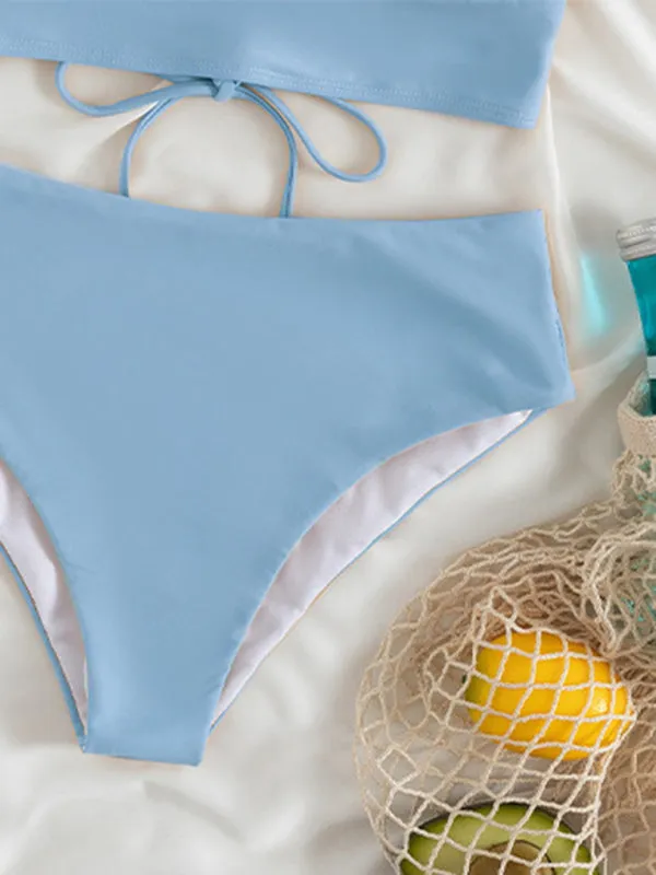 Tropical Wireless Ruffle Top and High Waist Tummy Control Bottoms in a Solid 2-Piece Swimwear