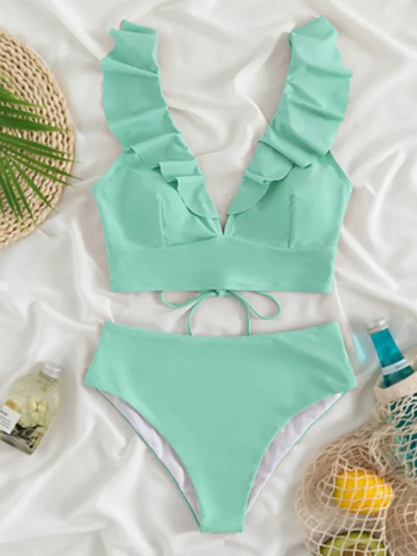 Tropical Wireless Ruffle Top and High Waist Tummy Control Bottoms in a Solid 2-Piece Swimwear