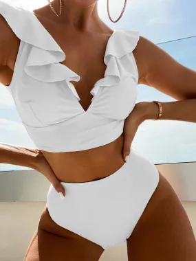 Tropical Wireless Ruffle Top and High Waist Tummy Control Bottoms in a Solid 2-Piece Swimwear
