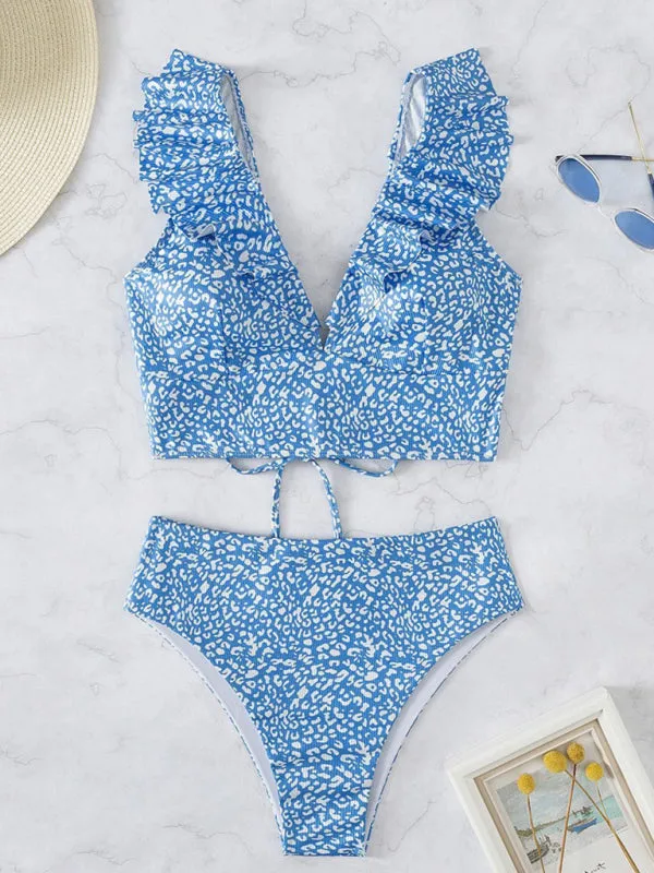 Tropical Wireless Ruffle Top and High Waist Tummy Control Bottoms in a Solid 2-Piece Swimwear