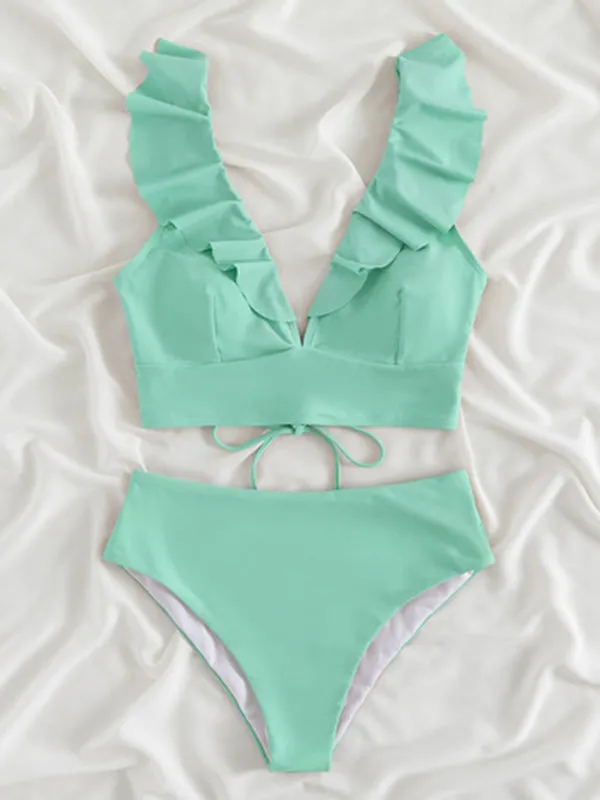 Tropical Wireless Ruffle Top and High Waist Tummy Control Bottoms in a Solid 2-Piece Swimwear