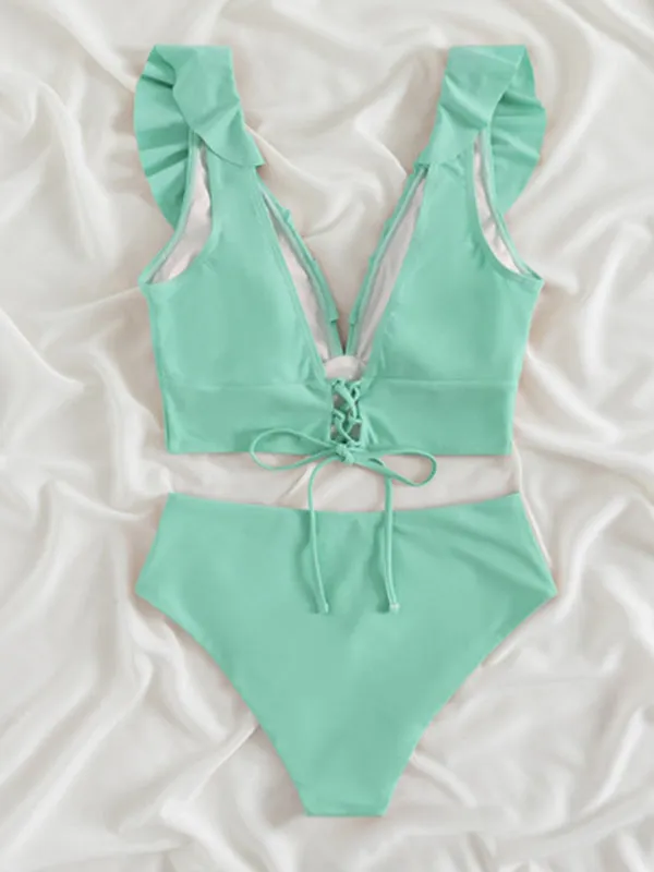 Tropical Wireless Ruffle Top and High Waist Tummy Control Bottoms in a Solid 2-Piece Swimwear