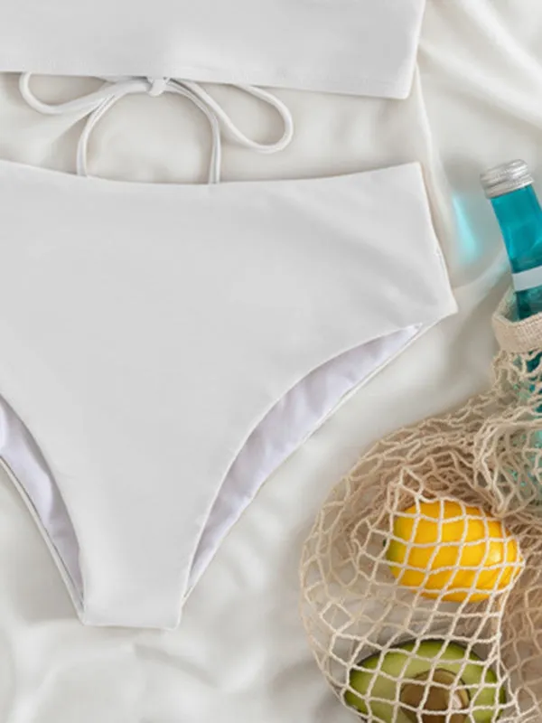 Tropical Wireless Ruffle Top and High Waist Tummy Control Bottoms in a Solid 2-Piece Swimwear