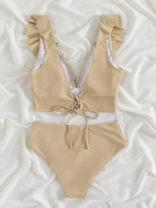Tropical Wireless Ruffle Top and High Waist Tummy Control Bottoms in a Solid 2-Piece Swimwear