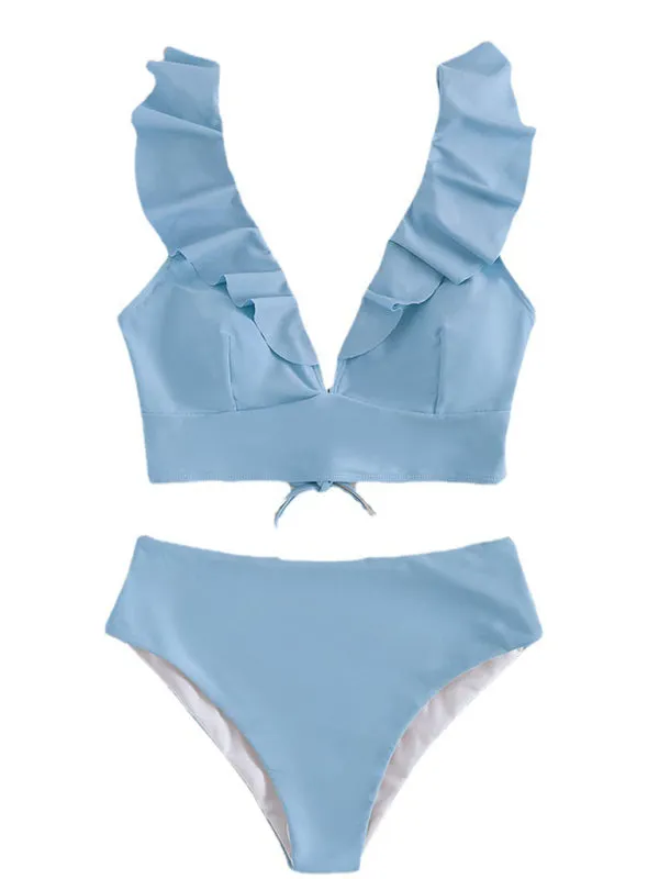 Tropical Wireless Ruffle Top and High Waist Tummy Control Bottoms in a Solid 2-Piece Swimwear