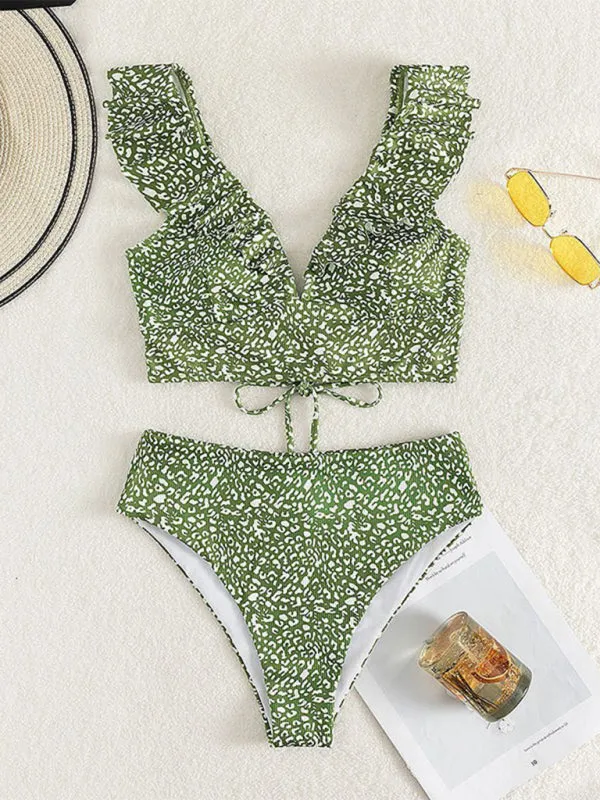Tropical Wireless Ruffle Top and High Waist Tummy Control Bottoms in a Solid 2-Piece Swimwear