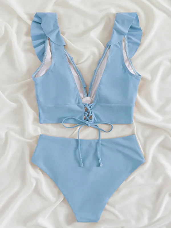 Tropical Wireless Ruffle Top and High Waist Tummy Control Bottoms in a Solid 2-Piece Swimwear