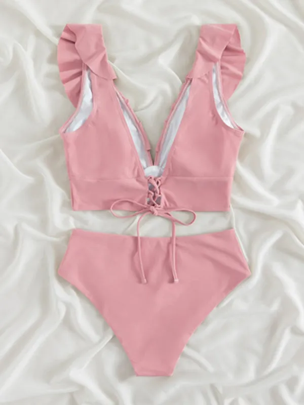 Tropical Wireless Ruffle Top and High Waist Tummy Control Bottoms in a Solid 2-Piece Swimwear