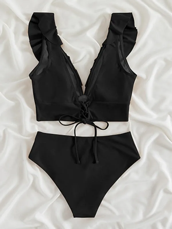 Tropical Wireless Ruffle Top and High Waist Tummy Control Bottoms in a Solid 2-Piece Swimwear