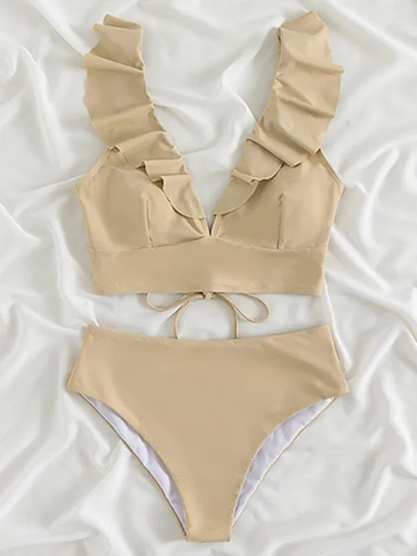 Tropical Wireless Ruffle Top and High Waist Tummy Control Bottoms in a Solid 2-Piece Swimwear