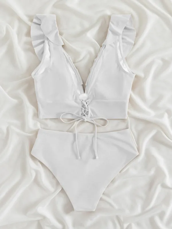 Tropical Wireless Ruffle Top and High Waist Tummy Control Bottoms in a Solid 2-Piece Swimwear