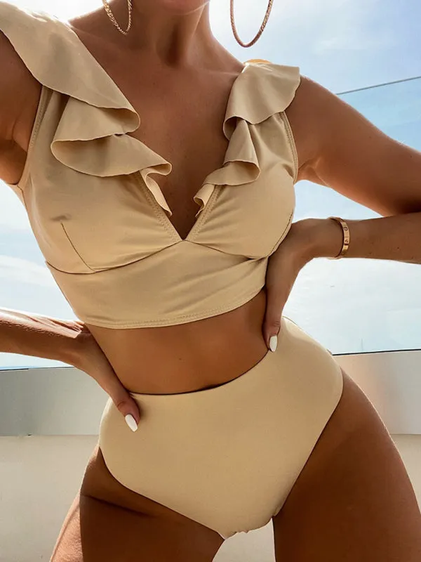 Tropical Wireless Ruffle Top and High Waist Tummy Control Bottoms in a Solid 2-Piece Swimwear