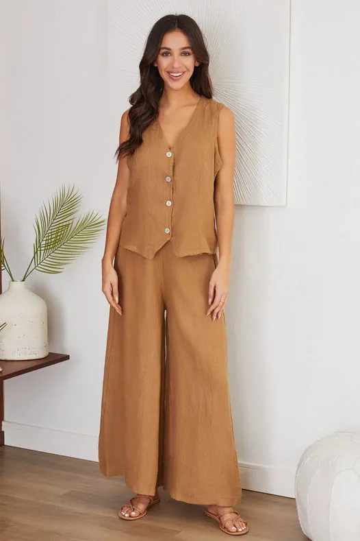 V Neck Button Down Linen Vest Cam