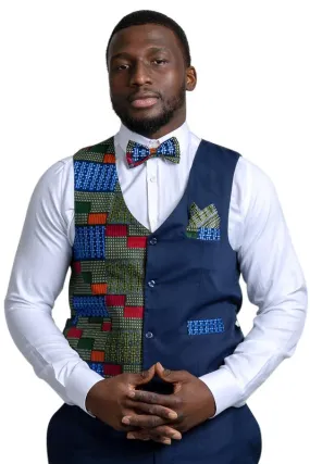 Vadik African Print Kente Men's Fit Suit Vest (Navy Blue & Dark Green)