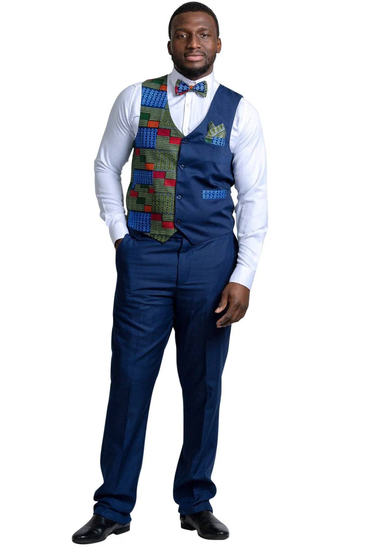 Vadik African Print Kente Men's Fit Suit Vest (Navy Blue & Dark Green)