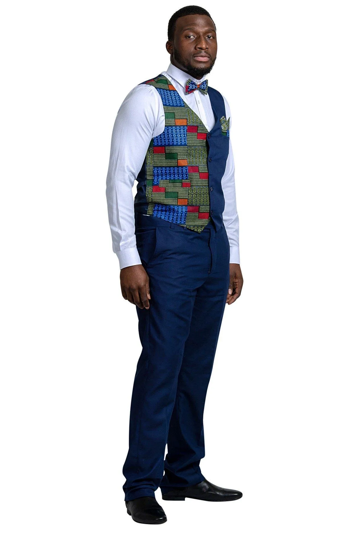 Vadik African Print Kente Men's Fit Suit Vest (Navy Blue & Dark Green)