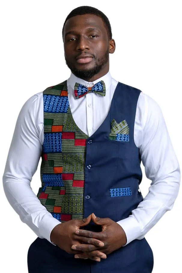 Vadik African Print Kente Men's Fit Suit Vest (Navy Blue & Dark Green)