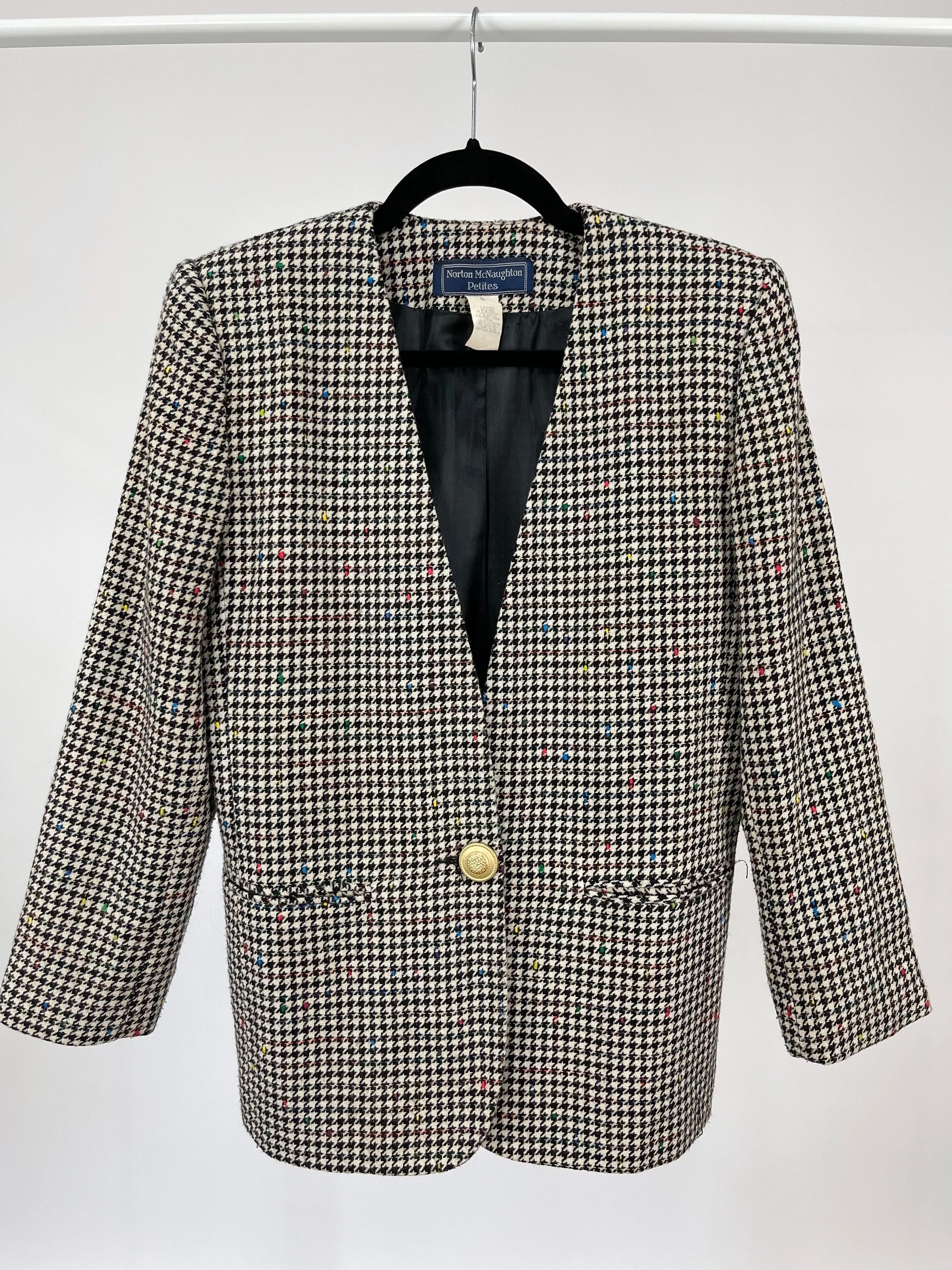 Vintage Houndstooth Wool Blazer & Skirt Suit Set (S)