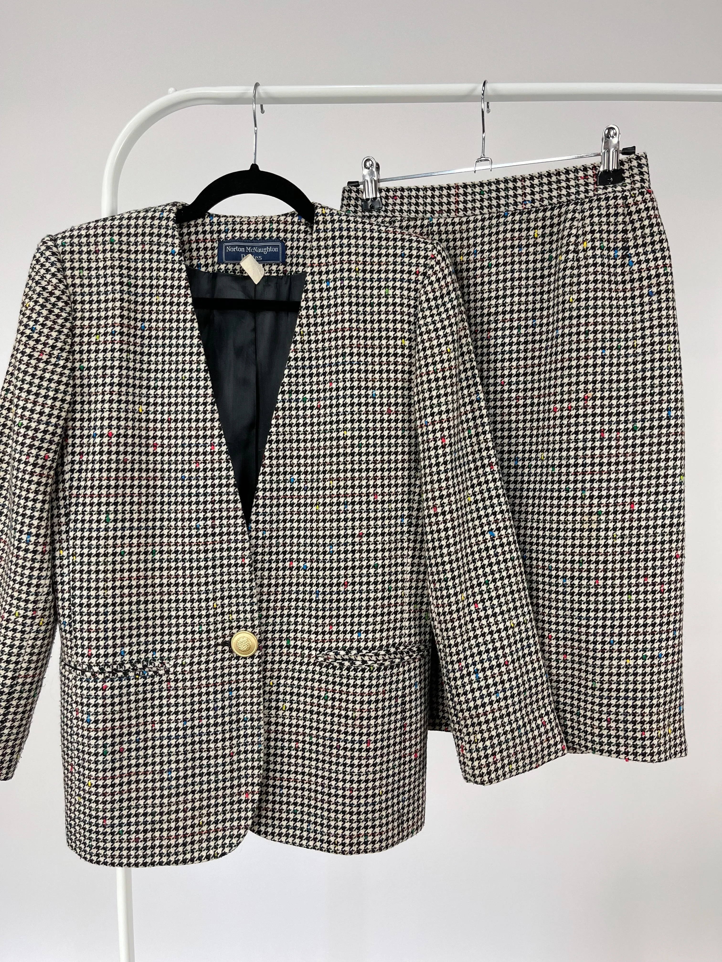 Vintage Houndstooth Wool Blazer & Skirt Suit Set (S)