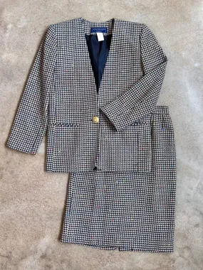 Vintage Houndstooth Wool Blazer & Skirt Suit Set (S)