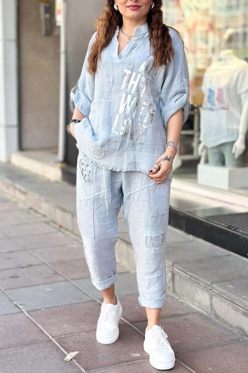 Women's casual letter printed cotton and linen top   pants set