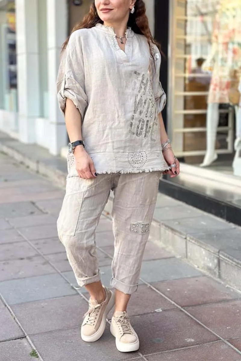 Women's casual letter printed cotton and linen top   pants set