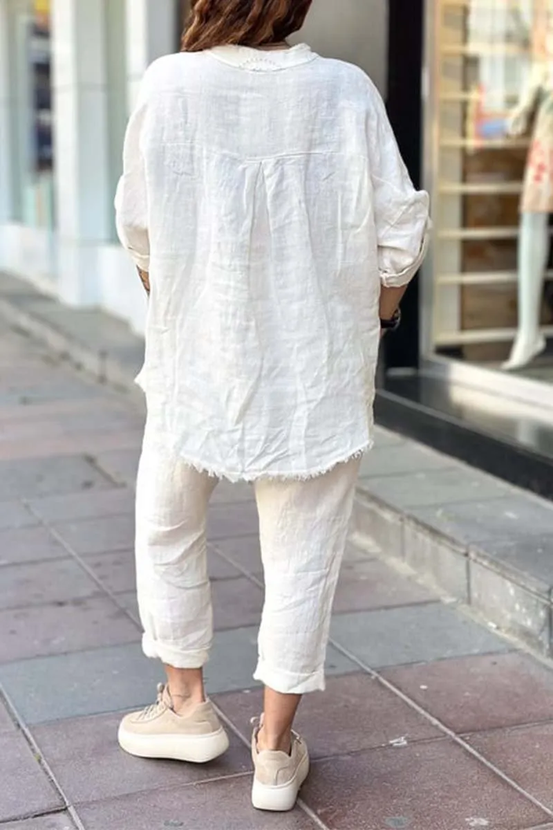 Women's casual letter printed cotton and linen top   pants set