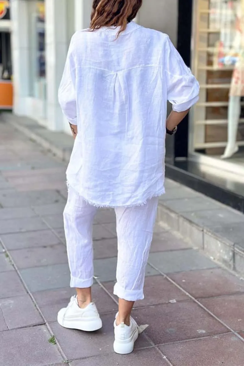 Women's casual letter printed cotton and linen top   pants set