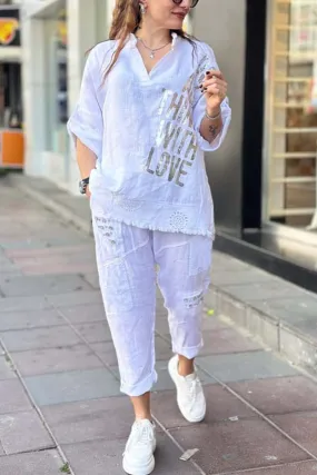 Women's casual letter printed cotton and linen top   pants set
