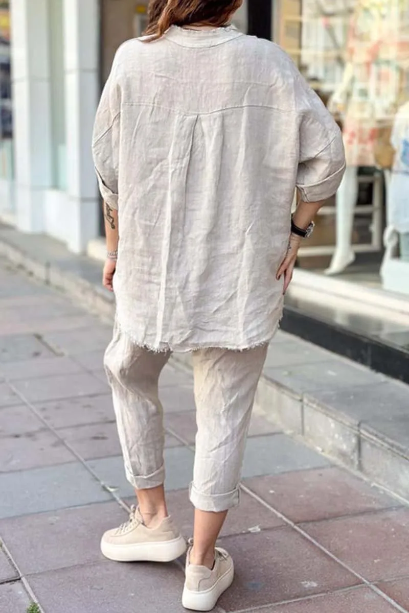 Women's casual letter printed cotton and linen top   pants set