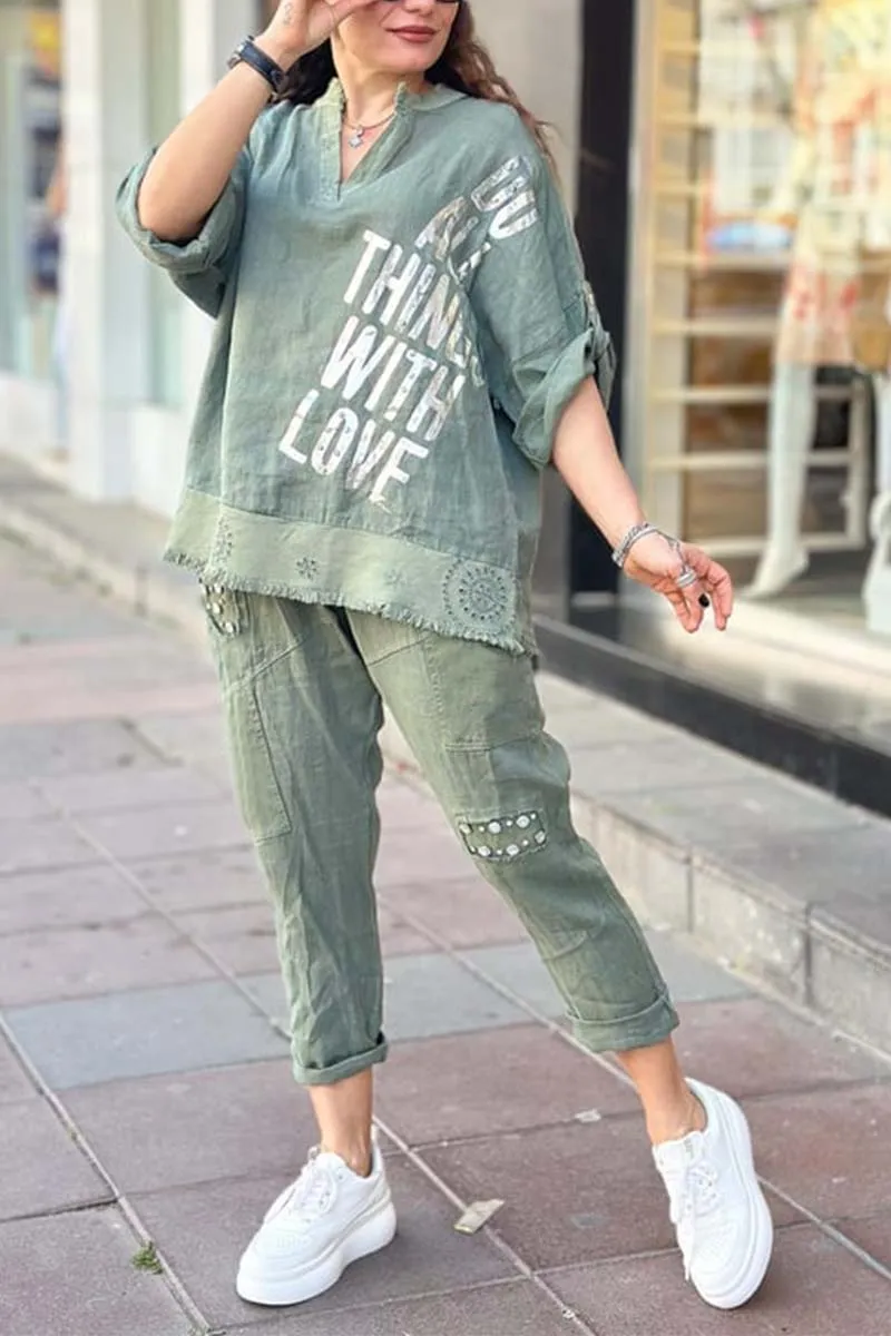 Women's casual letter printed cotton and linen top   pants set