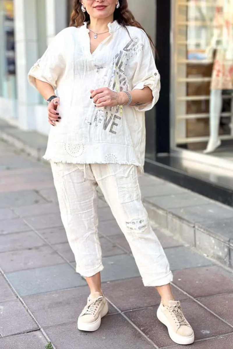 Women's casual letter printed cotton and linen top   pants set