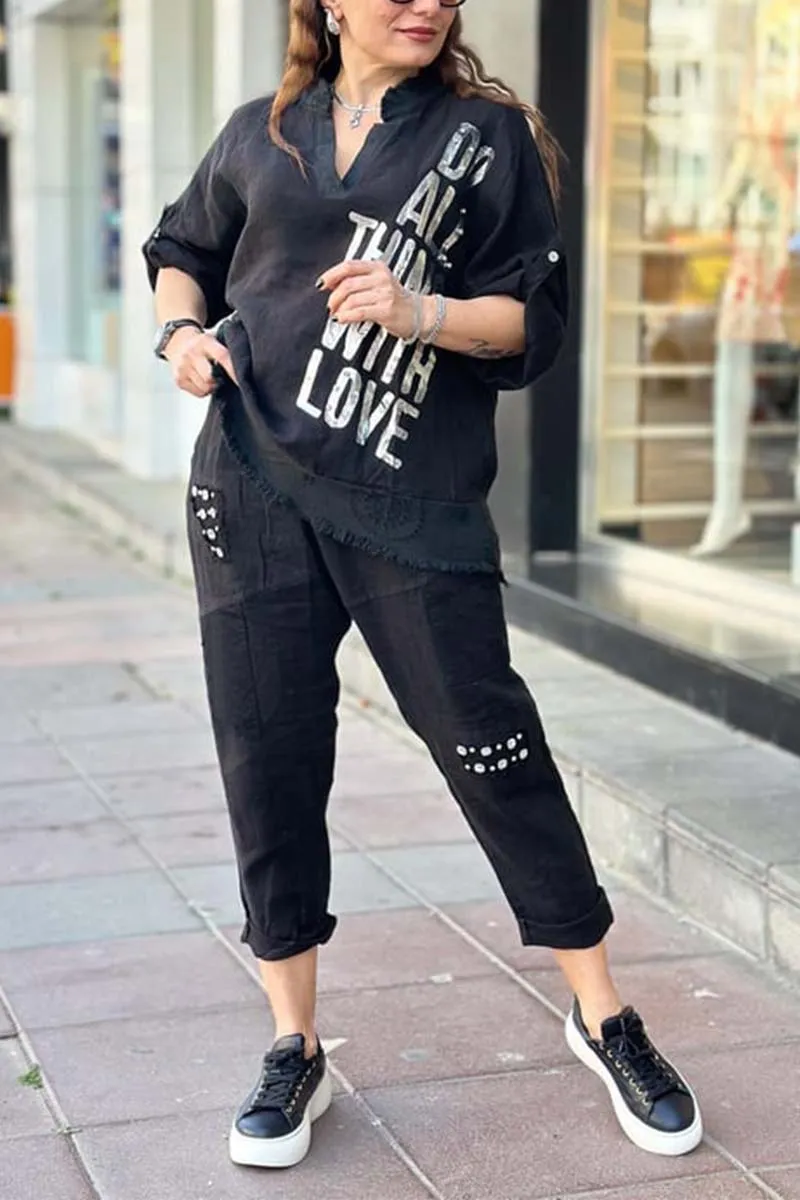 Women's casual letter printed cotton and linen top   pants set