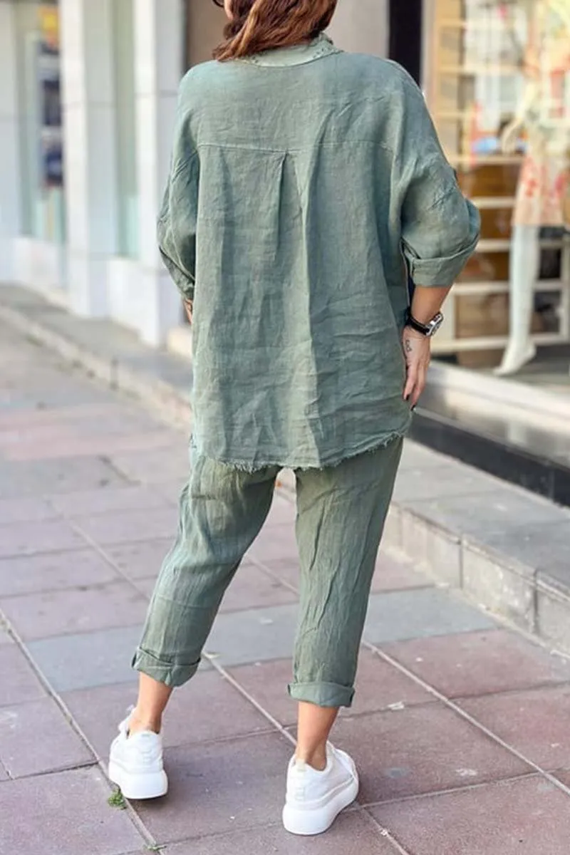 Women's casual letter printed cotton and linen top   pants set