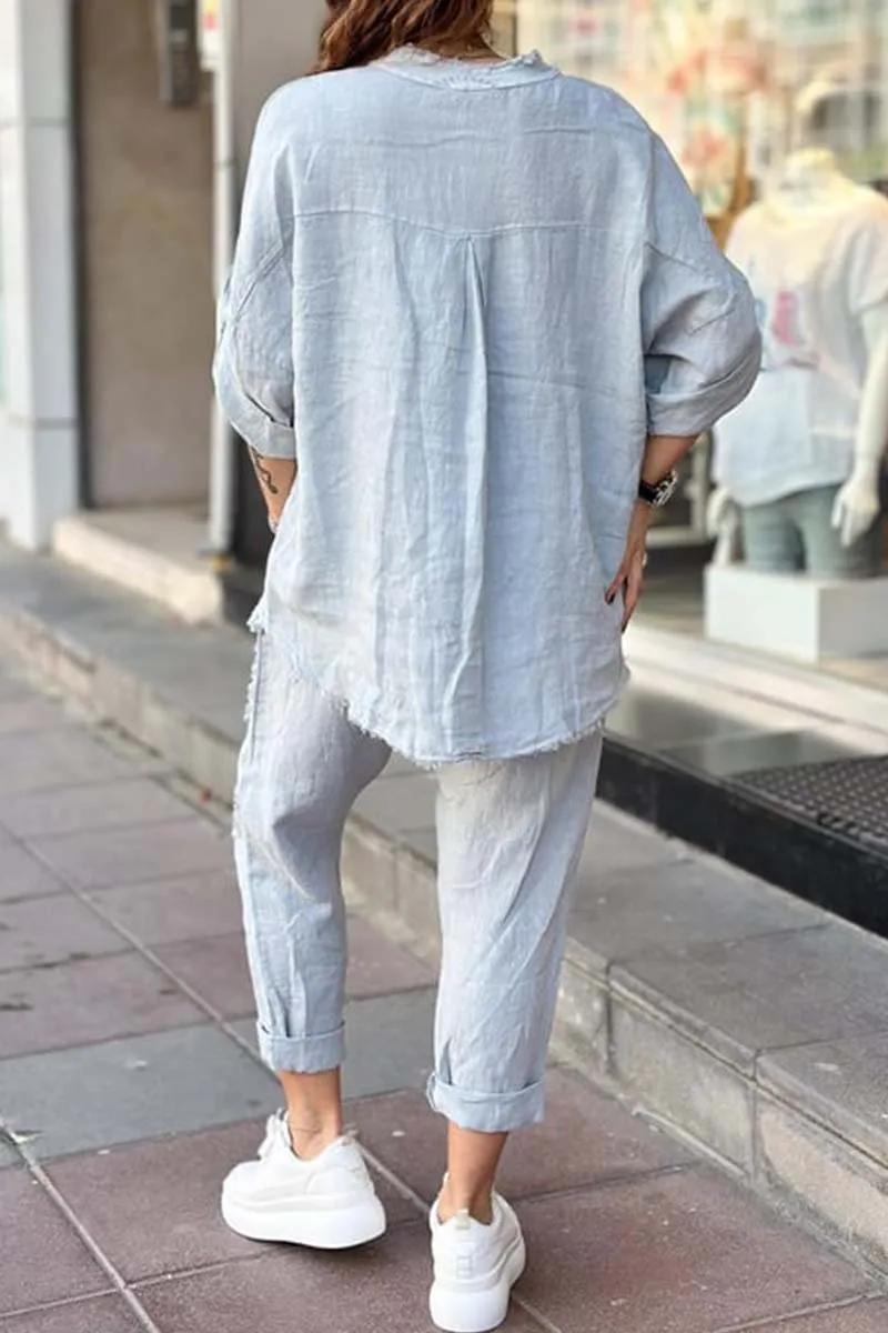 Women's casual letter printed cotton and linen top   pants set