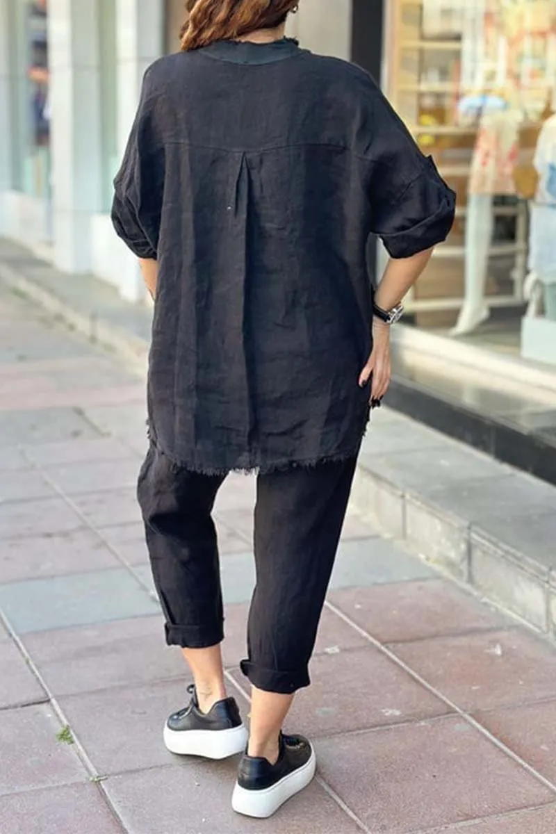 Women's casual letter printed cotton and linen top   pants set