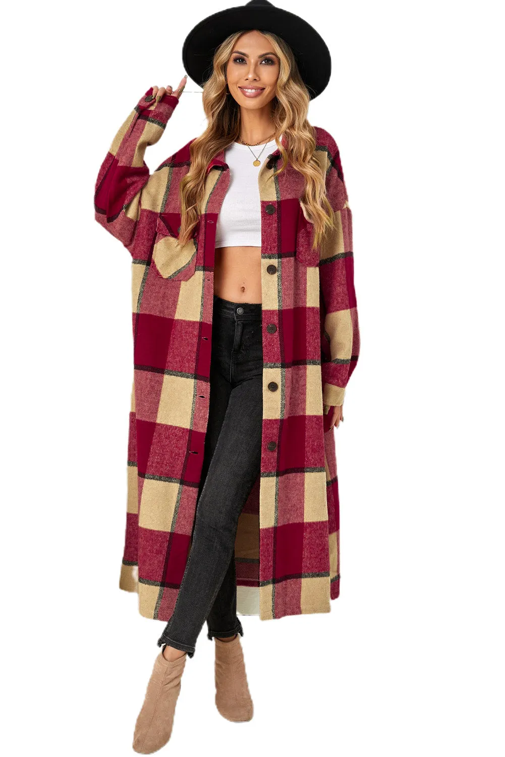 Women's Casual Shacket Jacket Pocketed Plaid Overcoat